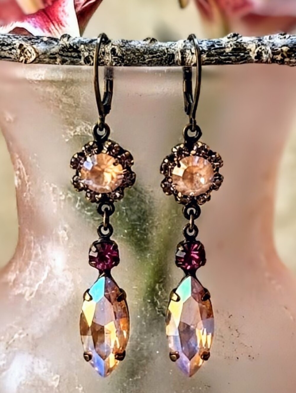 Victorian Pink Opal Rosewater Swarovski Crystal In Long Brass Earrings